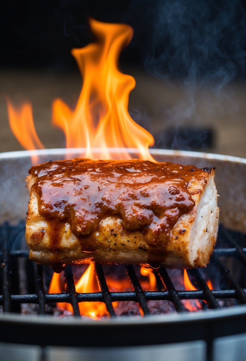 A sizzling pork shoulder cooks over an open flame, smoky chipotle BBQ sauce glazing the tender meat