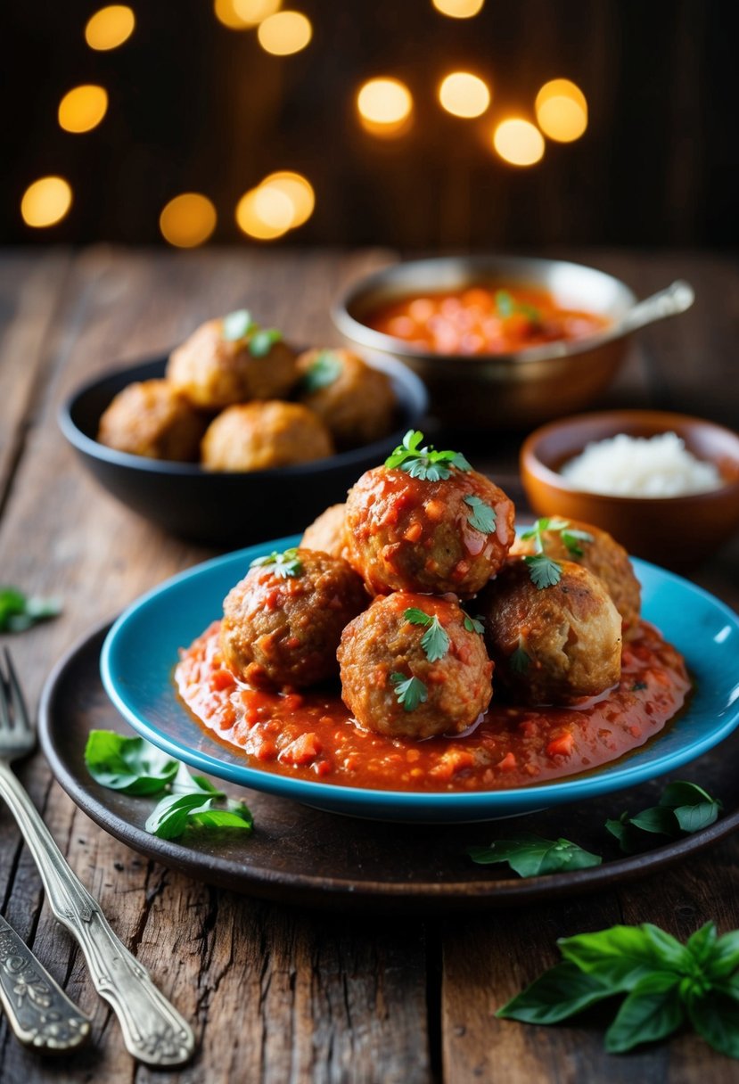 A platter of nilgai meatballs simmering in marinara sauce on a rustic wooden table