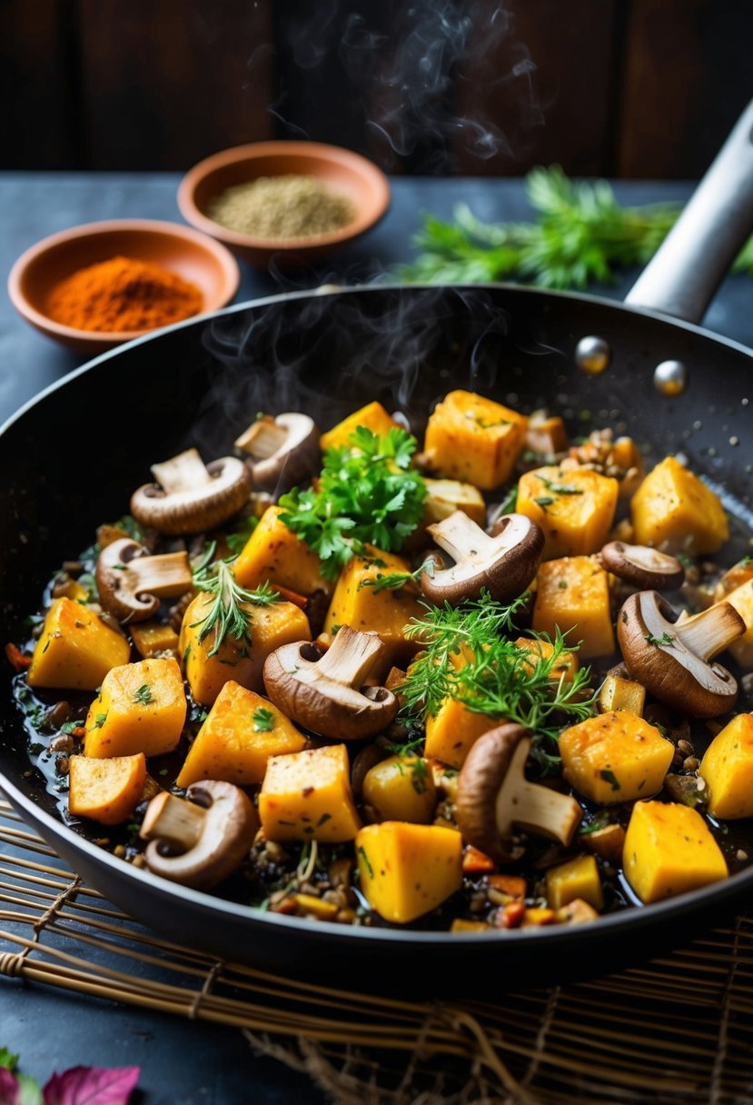 A sizzling skillet with chunks of nilgai and colorful mushrooms cooking together with aromatic herbs and spices