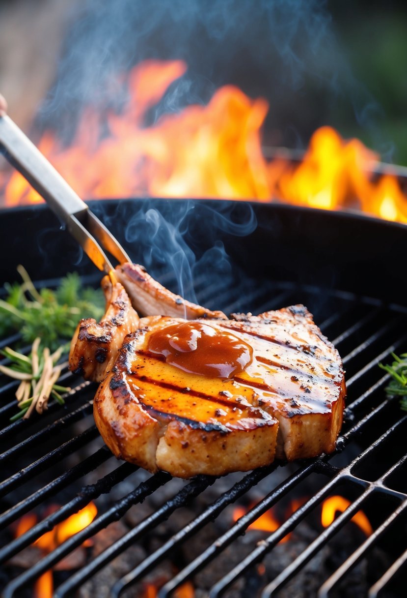 A sizzling pork chop grilling over a smoky barbecue, glazed with a rich maple bourbon sauce, surrounded by aromatic herbs and spices