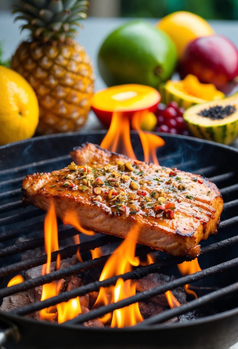 A sizzling pork BBQ grilling over open flames with a Jamaican jerk seasoning, surrounded by colorful tropical fruits and spices