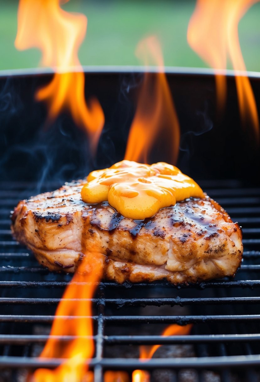 A juicy pork tenderloin grilling on a barbecue, slathered in tangy mustard BBQ sauce, with flames licking the edges