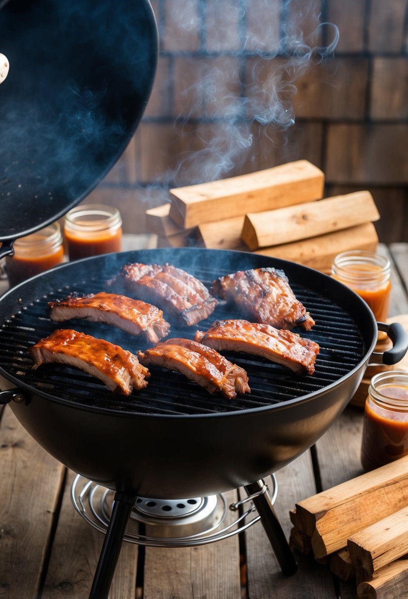 A smoky grill filled with sizzling pork ribs, surrounded by jars of tangy BBQ sauce and a stack of hickory wood logs