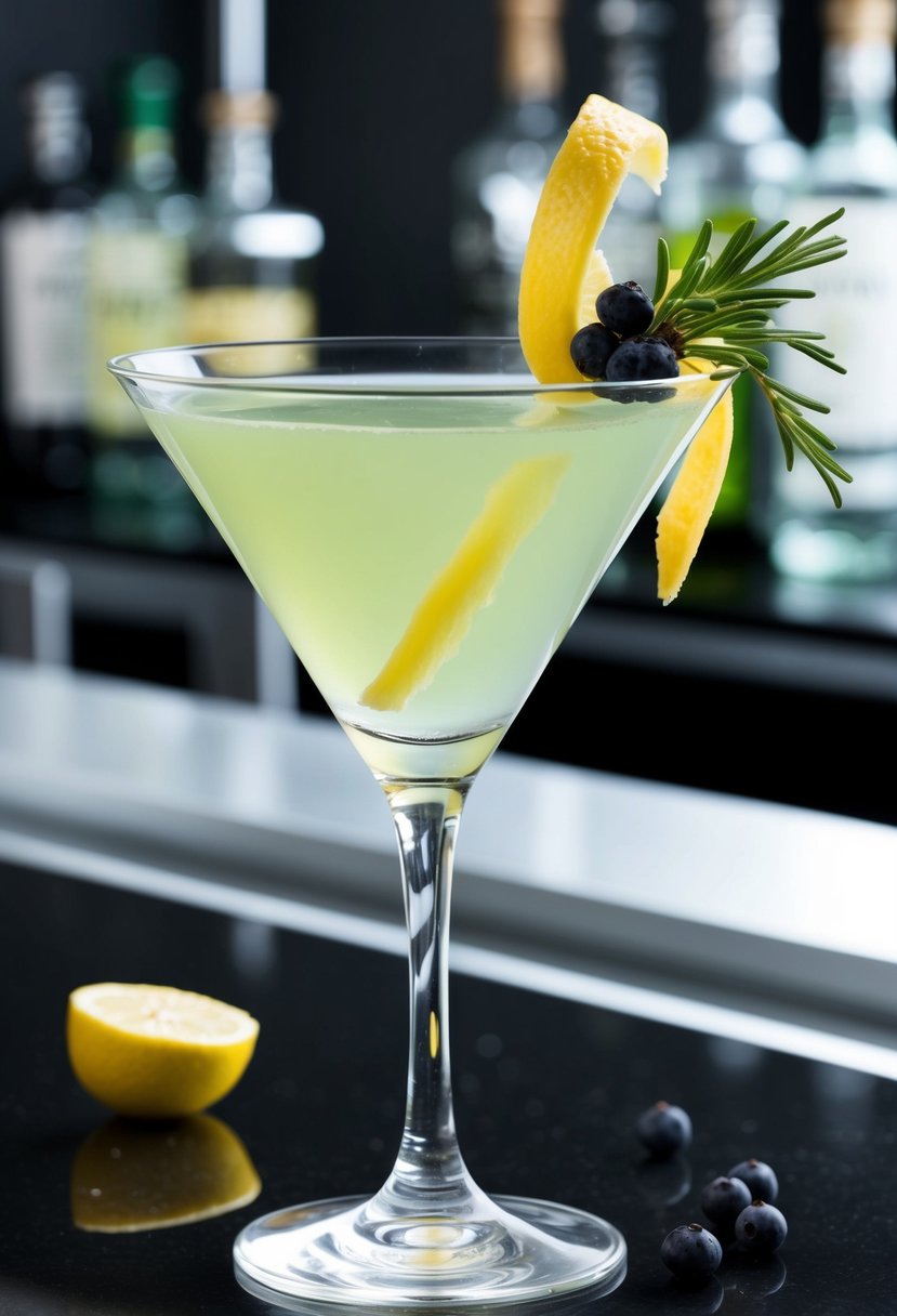 A crystal clear martini glass filled with a pale green empress gin martini, garnished with a twist of lemon peel and a few juniper berries on a sleek, modern bar