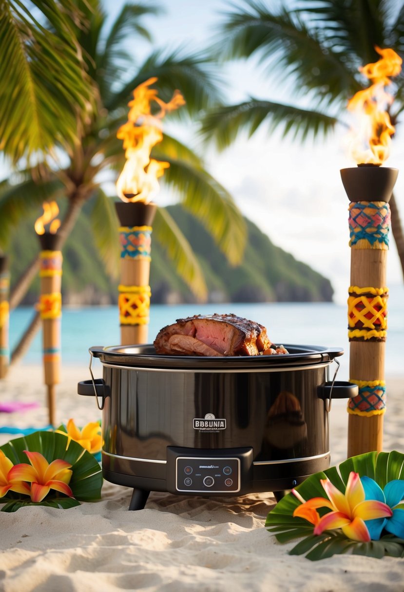 A tropical beach luau with a slow-cooker filled with Hawaiian BBQ pork, surrounded by tiki torches and palm trees