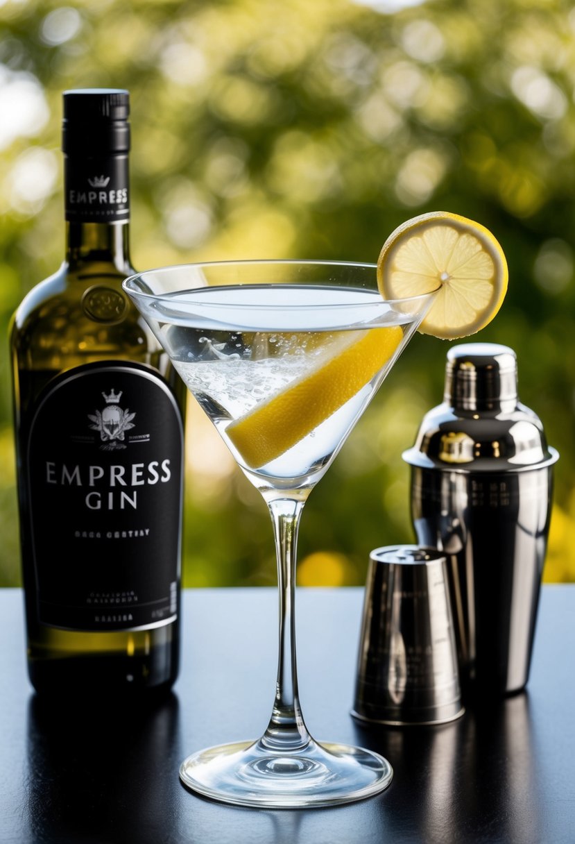 A sleek martini glass filled with clear liquid, garnished with a twist of lemon, and surrounded by a bottle of Empress Gin and a shaker