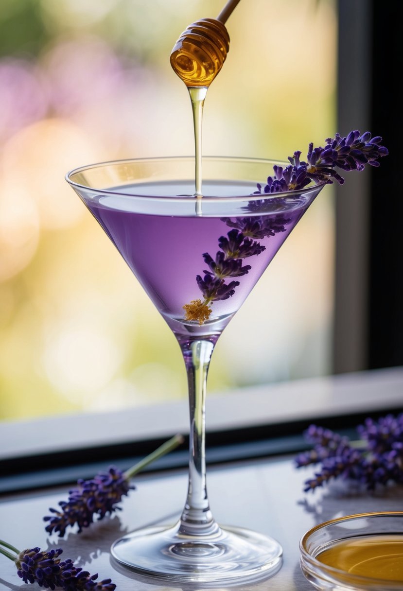 A crystal-clear martini glass filled with a pale purple liquid, garnished with a sprig of fresh lavender and drizzled with golden honey