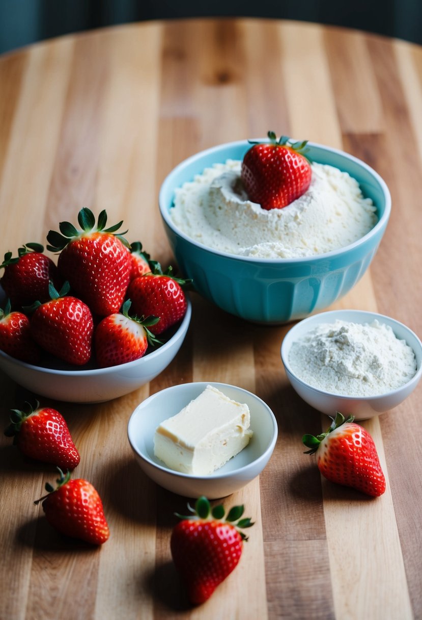 A table set with ingredients for keto strawberry cheesecake, including fresh strawberries, cream cheese, almond flour, and a mixing bowl