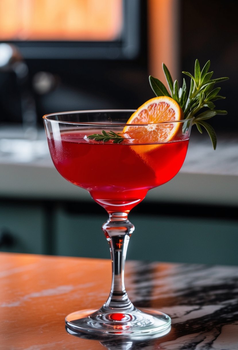 A crystal glass filled with a vibrant red Negroni or martini, garnished with a slice of citrus and a sprig of fresh herbs, set on a marble countertop