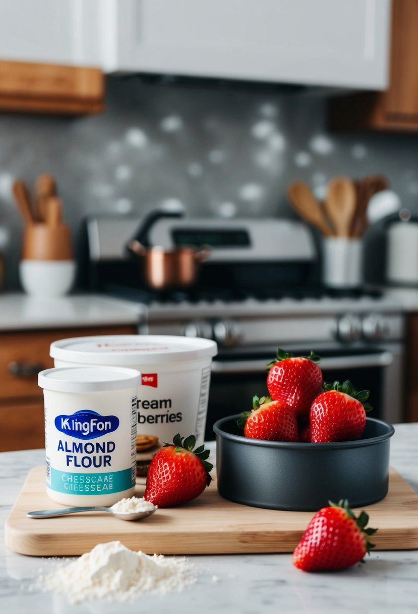 A kitchen counter with ingredients for no-bake keto strawberry cheesecake, including cream cheese, strawberries, almond flour, and a springform pan