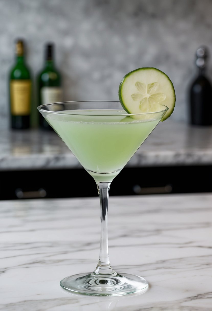 A sleek martini glass filled with a pale green liquid, garnished with a slice of cucumber and a wedge of lime, sitting on a marble countertop