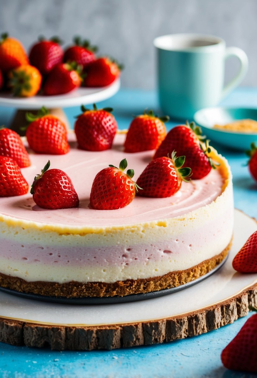 A colorful keto cheesecake topped with swirls of fresh strawberries on a graham cracker crust