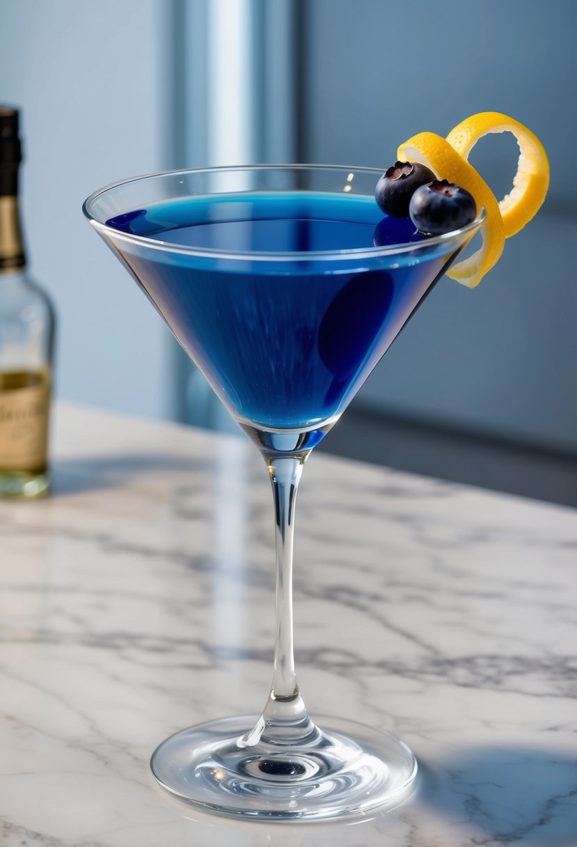 A sleek martini glass filled with a deep blue liquid, garnished with fresh blueberries and a twist of lemon peel, set on a marble countertop