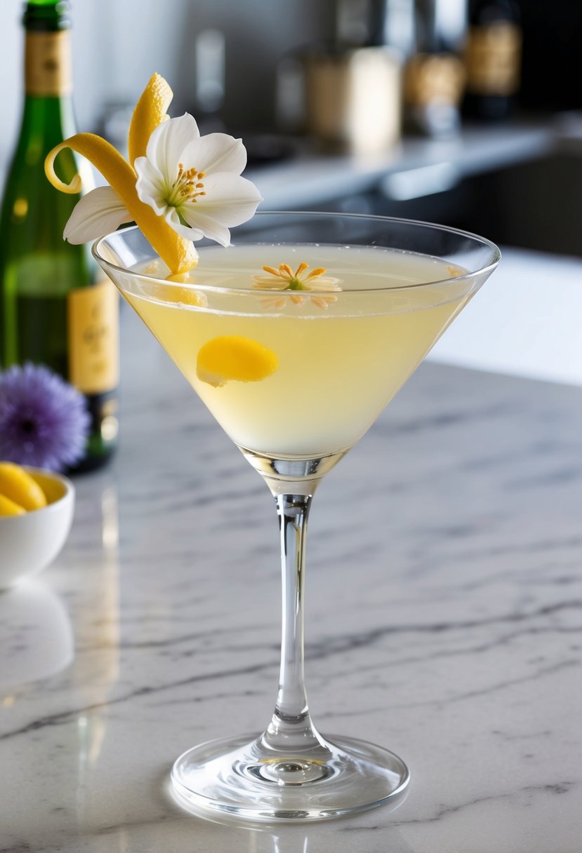 A crystal clear martini glass with a pale yellow Empress Elderflower Martini, garnished with a delicate flower and a twist of lemon peel, set on a marble countertop