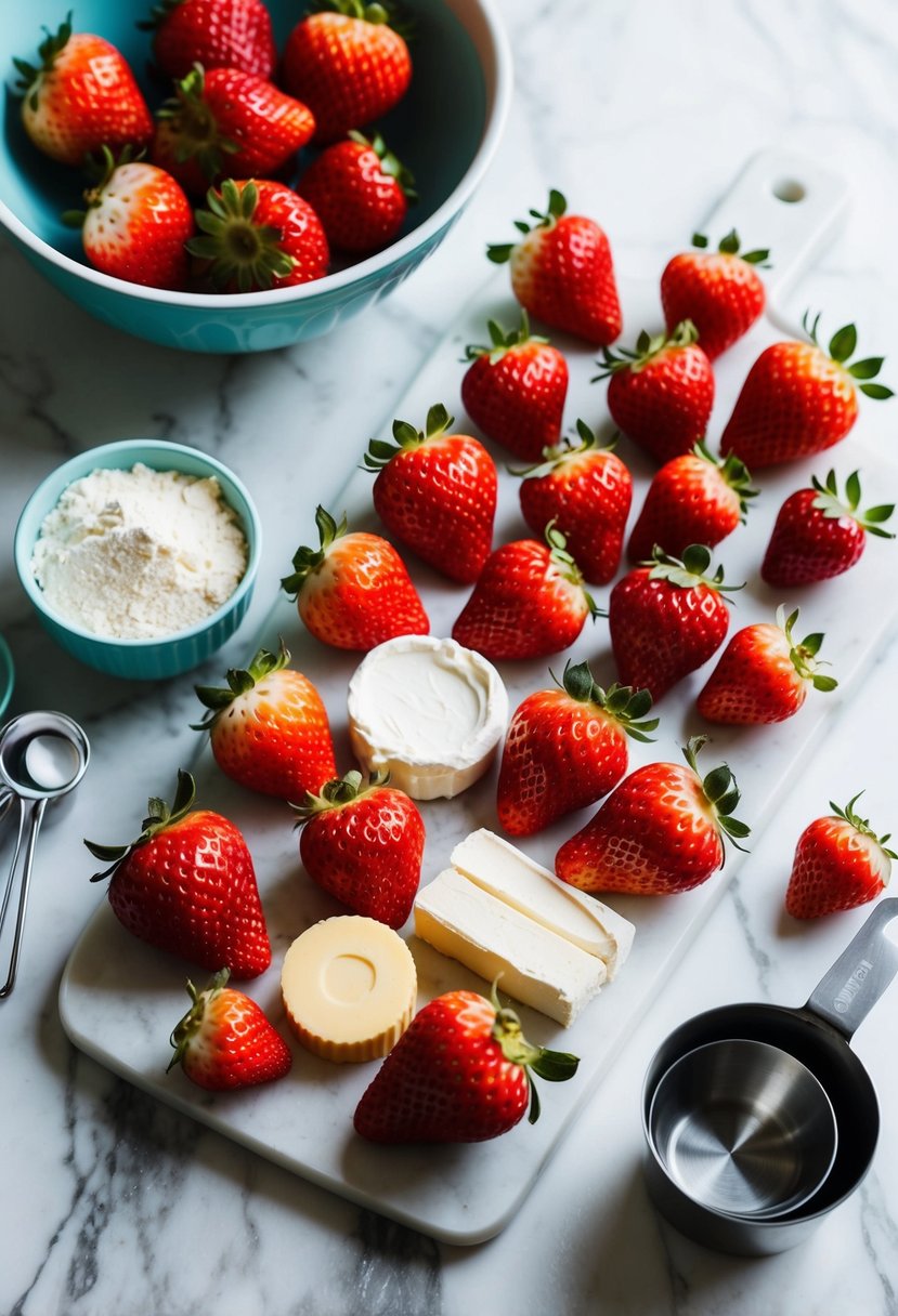 A colorful array of fresh strawberries, cream cheese, and almond flour arranged on a marble countertop, with a mixing bowl and measuring cups nearby