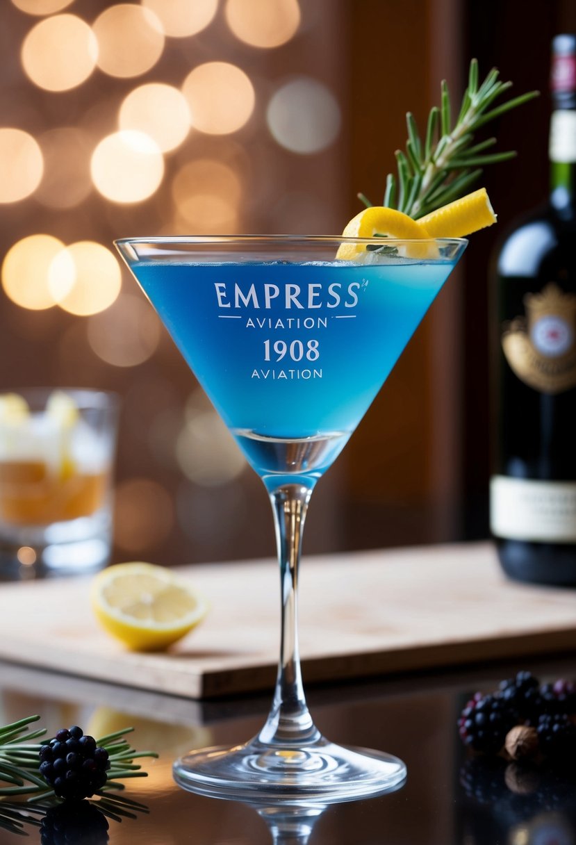 A elegant cocktail glass filled with Empress 1908 Aviation empress gin martini, garnished with a twist of lemon peel and a few juniper berries