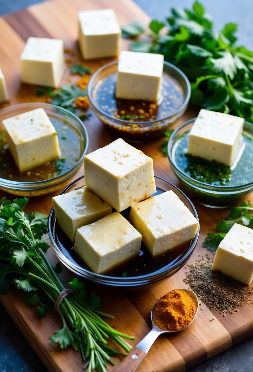 A variety of tofu cubes soaking in different marinades, surrounded by fresh herbs and spices on a wooden cutting board