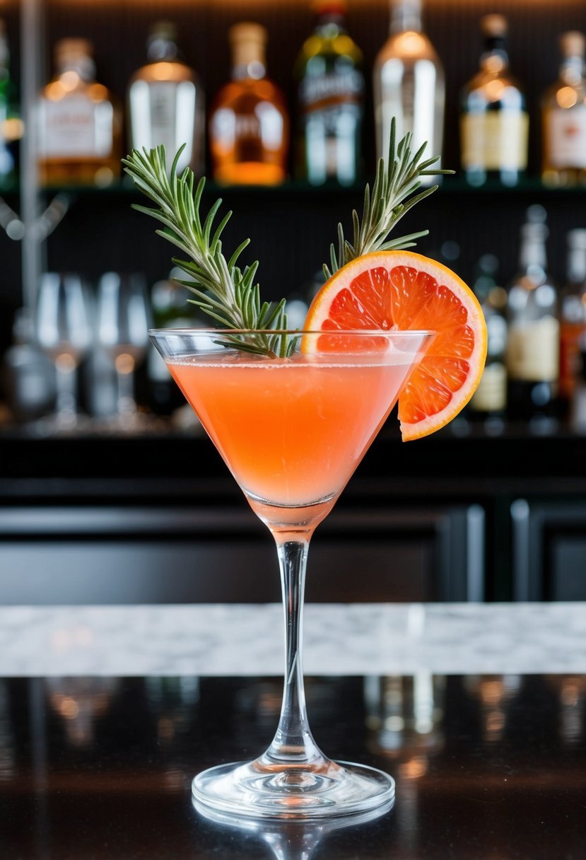 A elegant martini glass garnished with a slice of grapefruit and a sprig of rosemary, set against a backdrop of a stylish bar