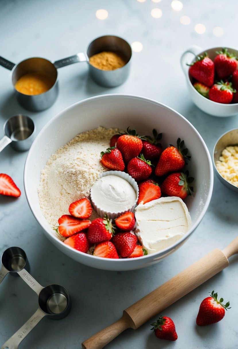 A mixing bowl filled with almond flour, strawberries, and cream cheese, surrounded by measuring cups and a rolling pin