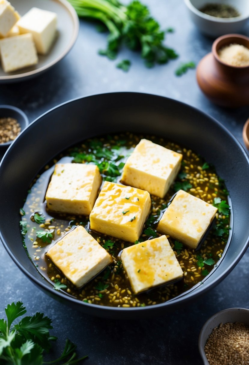 A bowl of tofu sits in a pool of garlic soy marinade, surrounded by fresh herbs and spices