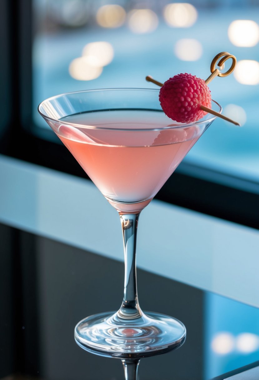 A crystal-clear martini glass filled with a pale pink liquid, garnished with a lychee fruit on a skewer, set on a sleek, reflective surface