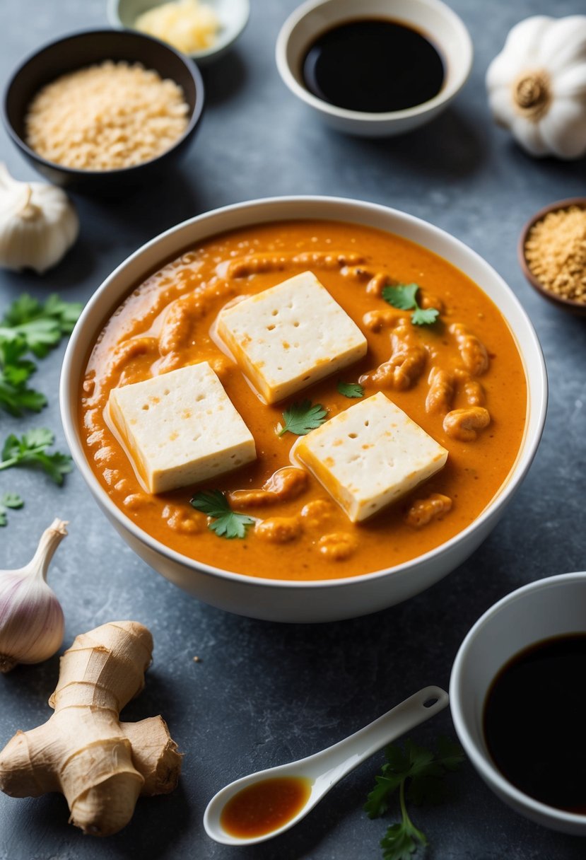 A bowl of tofu sits in a pool of spicy peanut sauce, surrounded by ingredients like garlic, ginger, and soy sauce