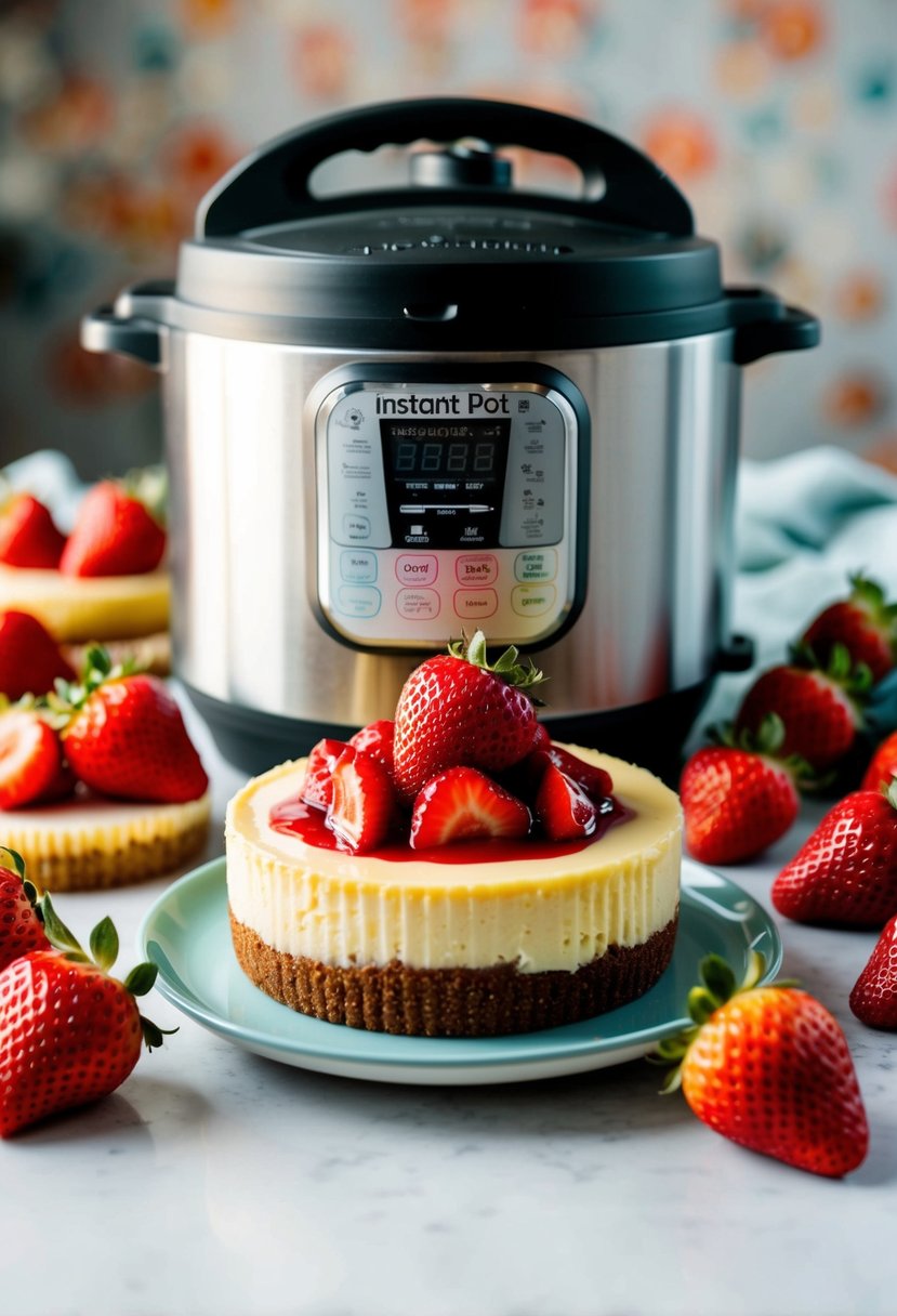 A colorful instant pot surrounded by fresh strawberries and a creamy cheesecake topped with a layer of vibrant red strawberry compote