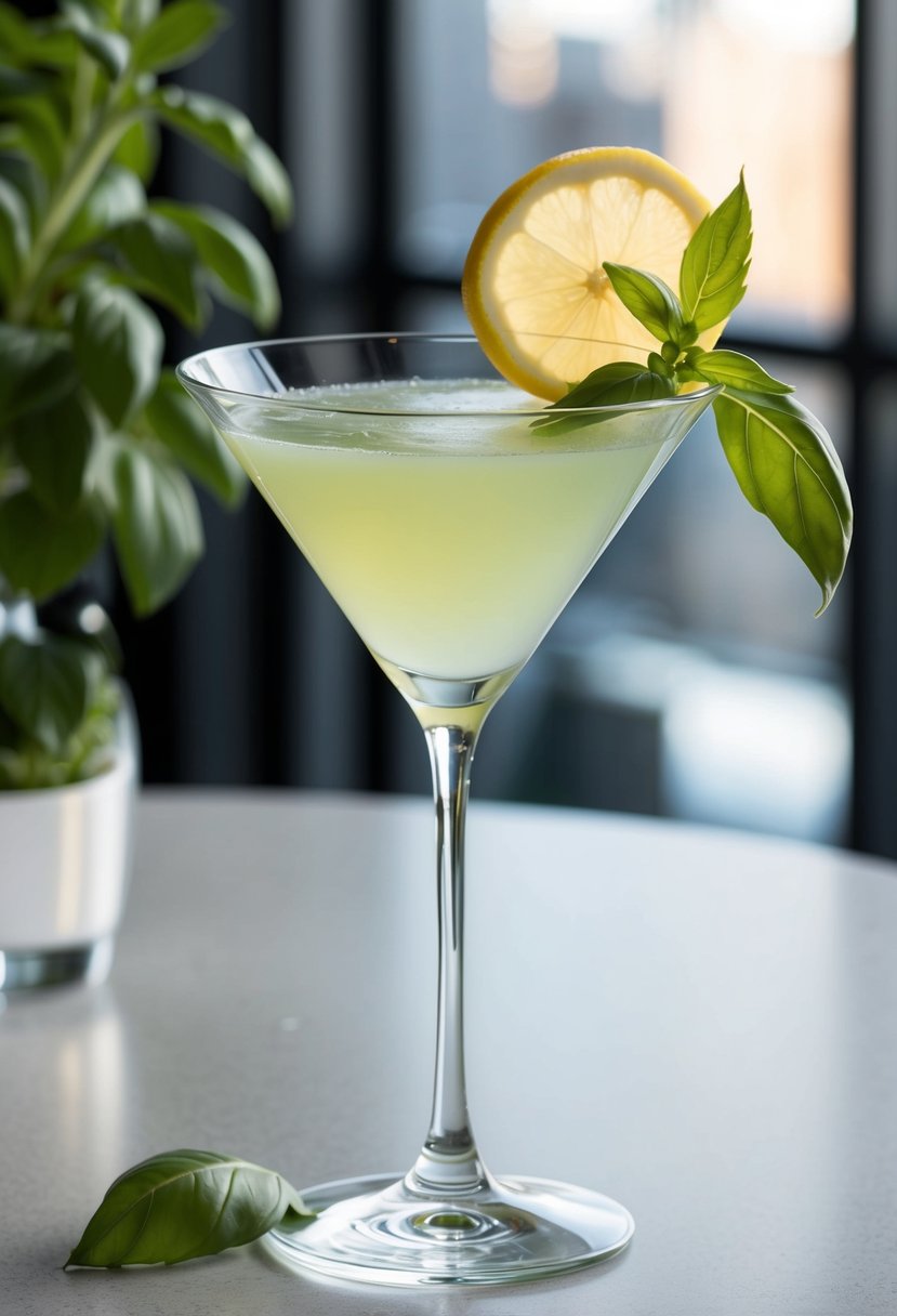 A sleek martini glass filled with a pale green Basil and Lemon Empress Martini, garnished with a twist of lemon and a sprig of fresh basil