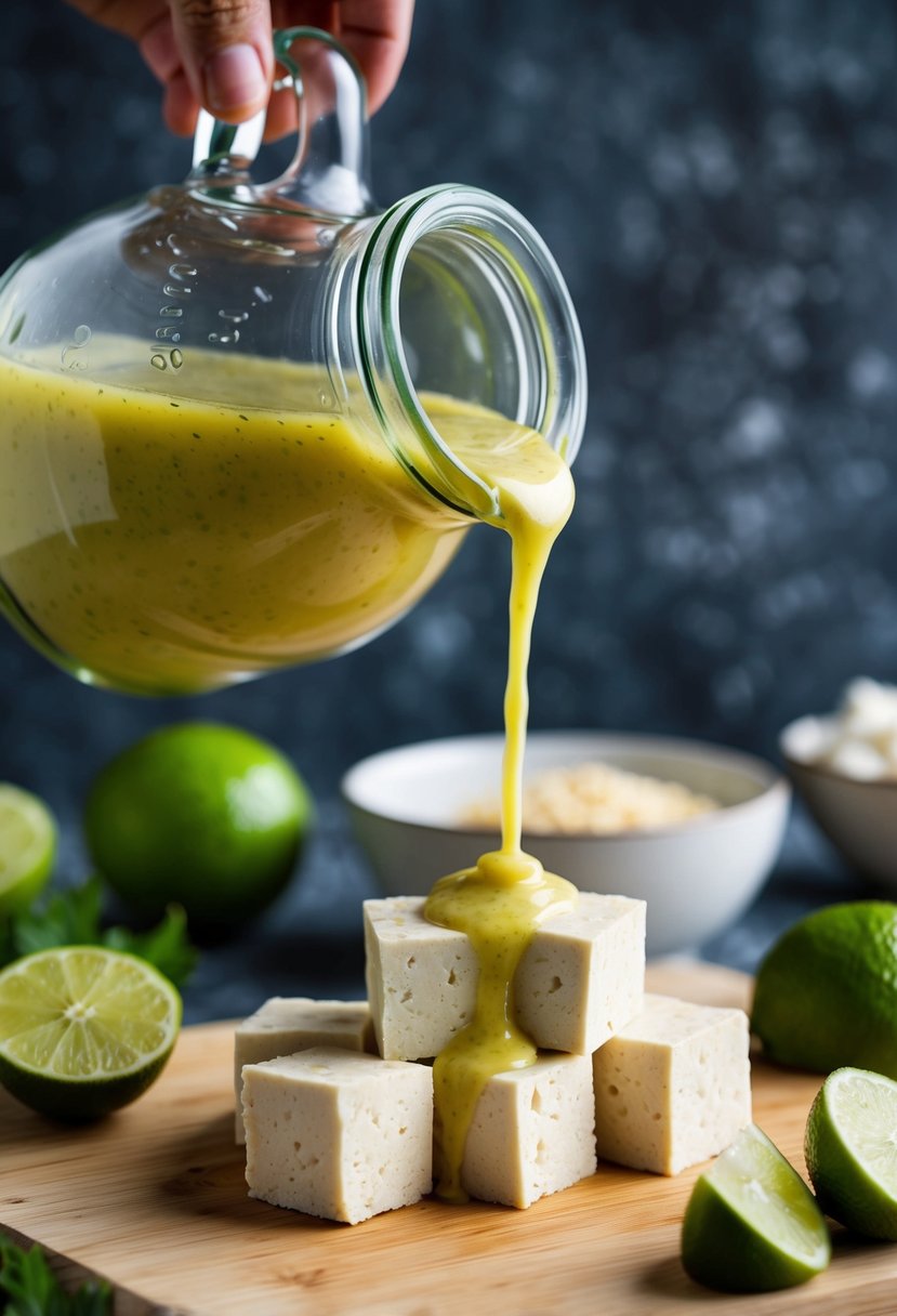 A glass jar of ginger lime dressing pours over cubed tofu on a cutting board. Ingredients surround the scene