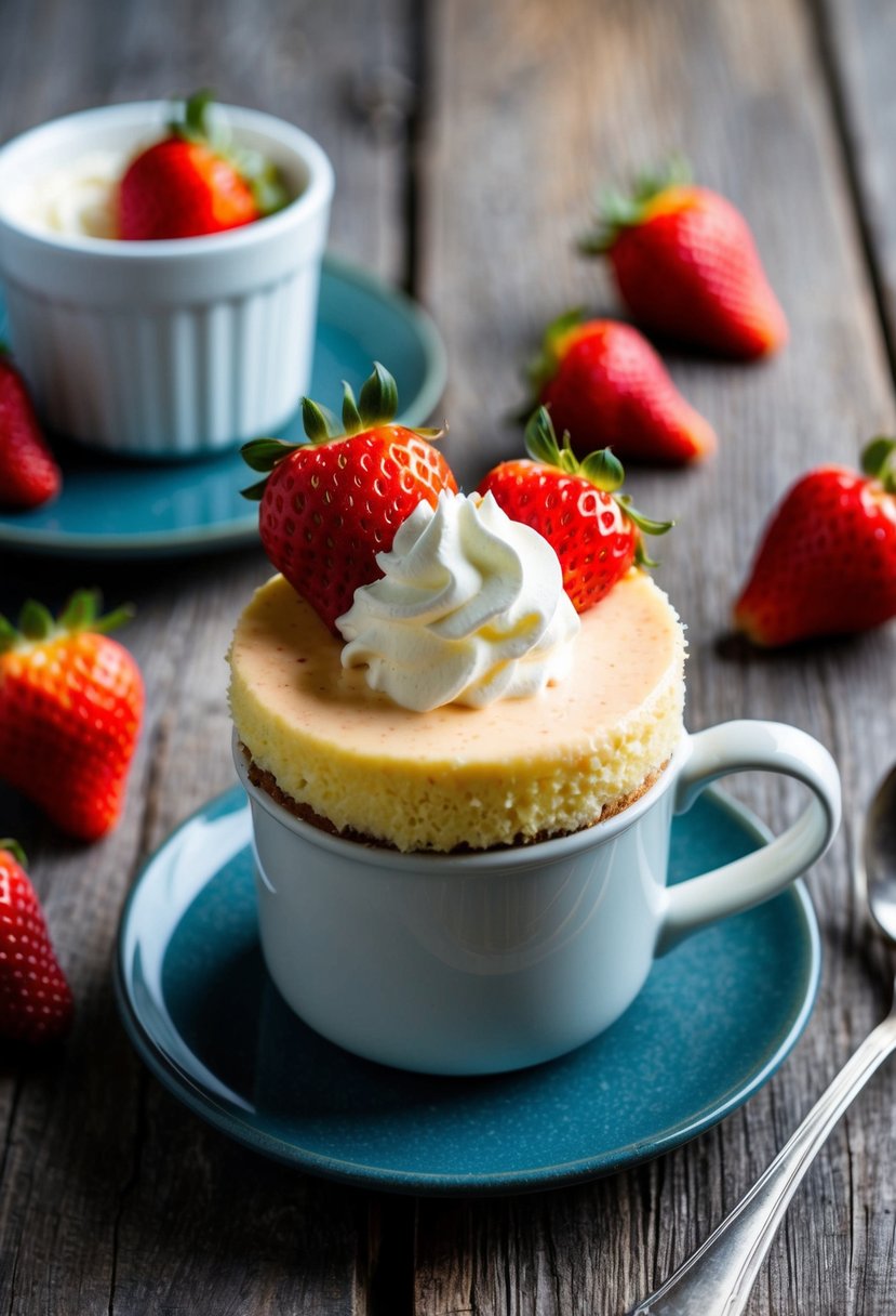 A strawberry cheesecake keto mug cake sits on a rustic wooden table, topped with fresh strawberries and a dollop of whipped cream