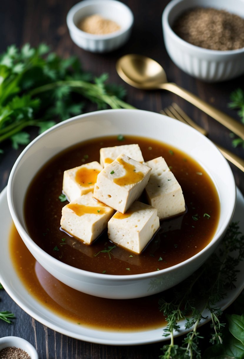 A bowl of tofu sits in a pool of Maple Dijon Glaze, surrounded by fresh herbs and spices