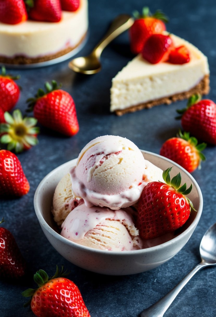 A bowl of keto-friendly strawberry cheesecake ice cream surrounded by fresh strawberries and a slice of cheesecake