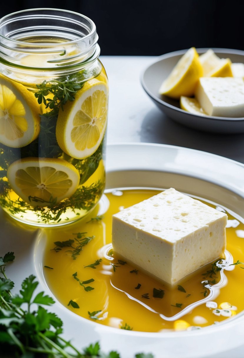 A glass jar filled with lemon slices and herbs, immersed in a pool of golden liquid. A block of tofu sits nearby, ready to be marinated