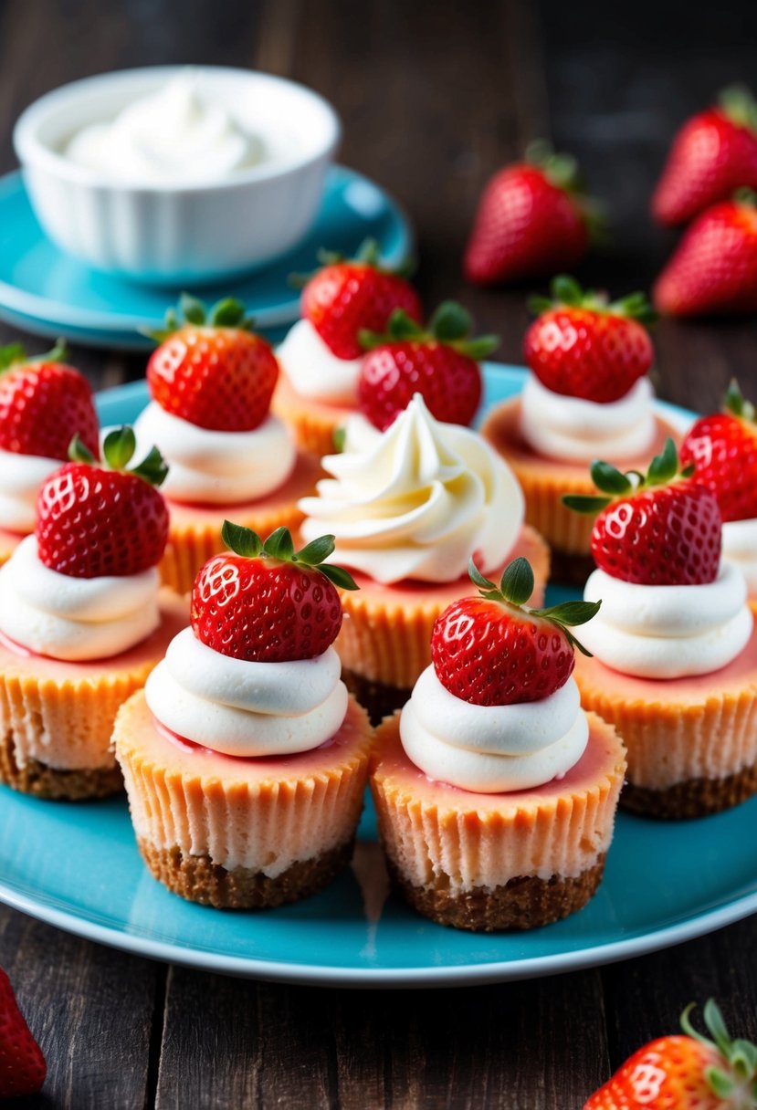 A platter of mini keto strawberry cheesecake bites arranged with fresh strawberries and a dollop of whipped cream on top