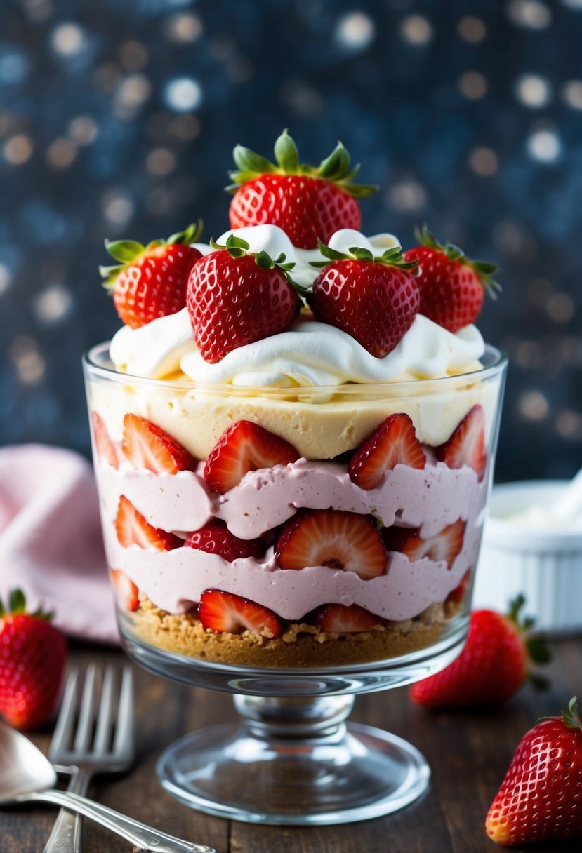 A glass parfait dish filled with layers of gluten-free strawberry cheesecake, topped with fresh strawberries and a dollop of whipped cream