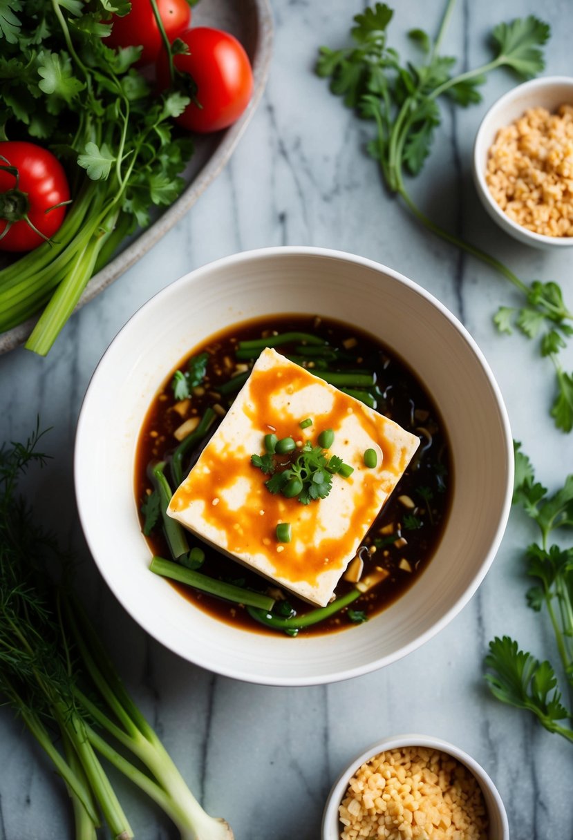 A bowl of tofu sits in a pool of teriyaki marinade, surrounded by fresh vegetables and herbs