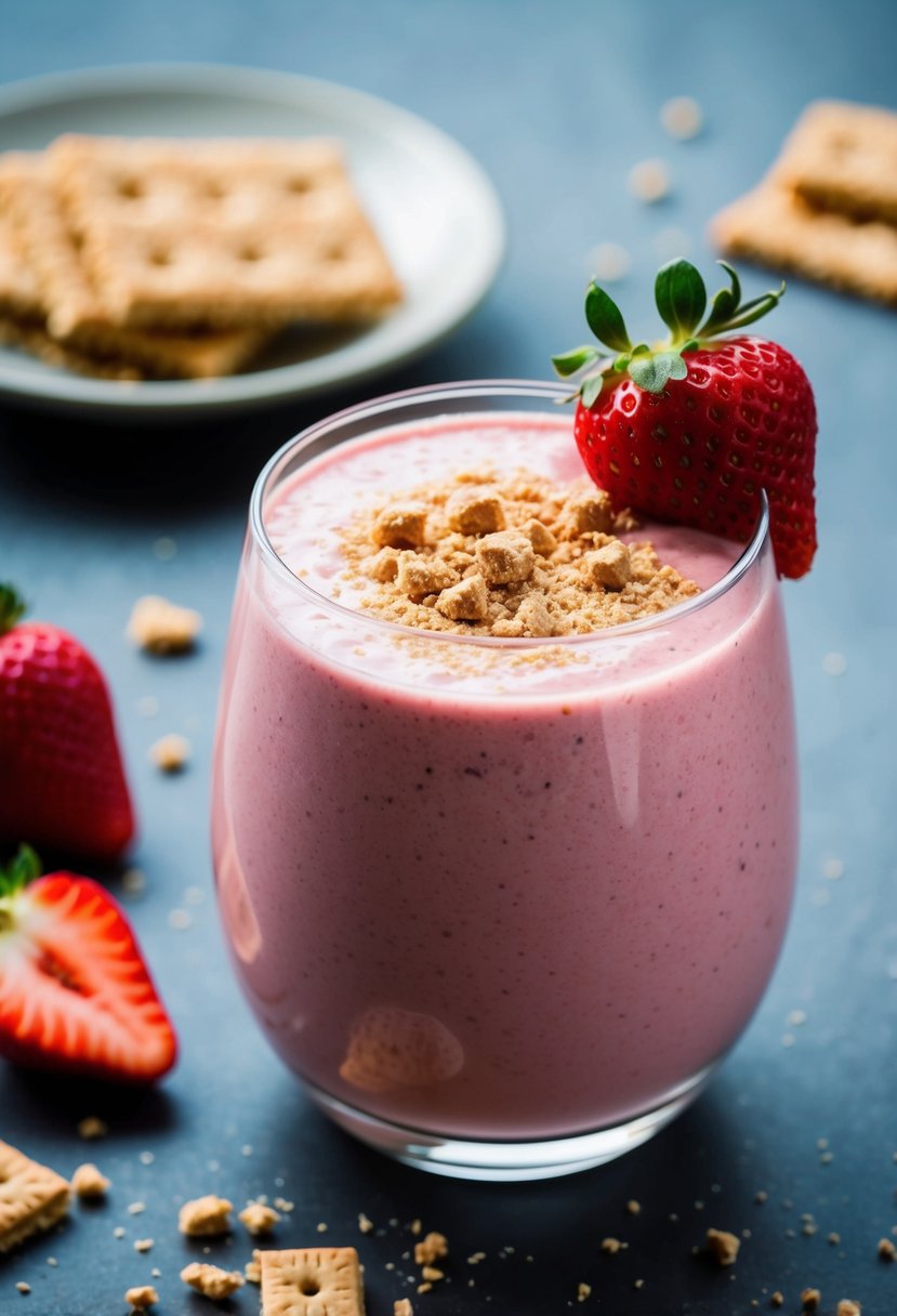 A glass filled with a creamy pink smoothie topped with fresh strawberries and a sprinkle of crushed graham crackers