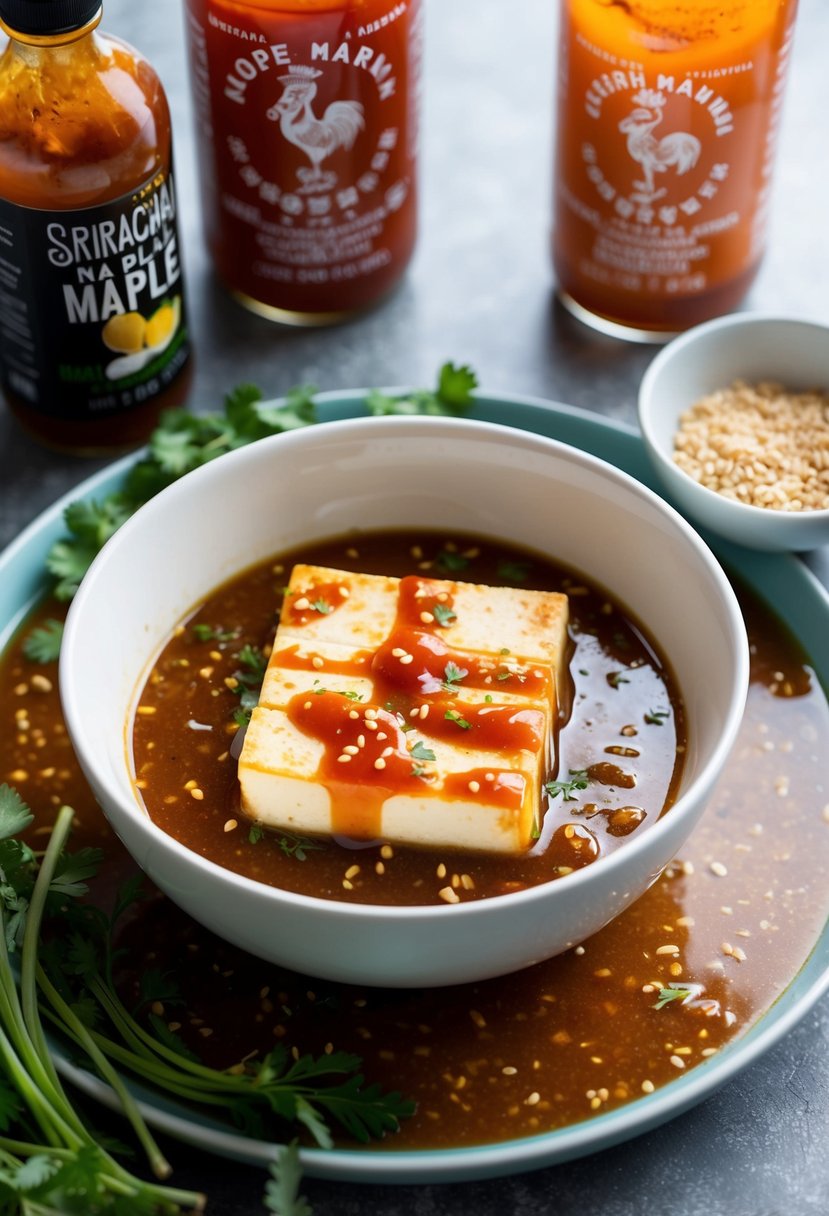 A bowl of tofu sits in a pool of Sriracha Maple Mix marinade, surrounded by bottles of ingredients and fresh herbs