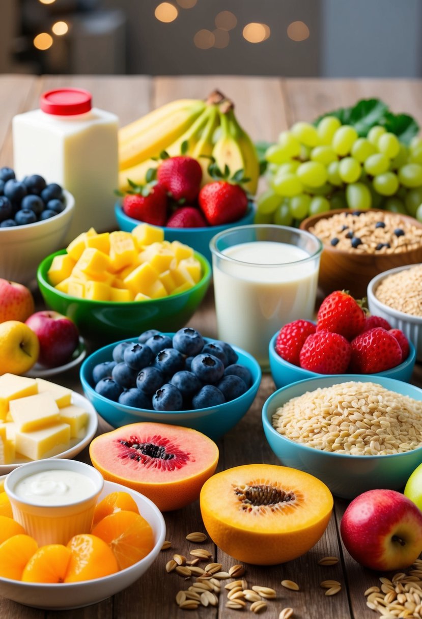 A colorful array of fresh fruits, whole grains, and dairy products spread out on a wooden breakfast table