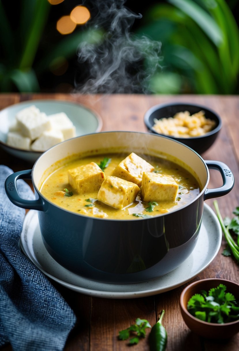 A pot simmering with coconut curry sauce and tofu marinating in a bowl