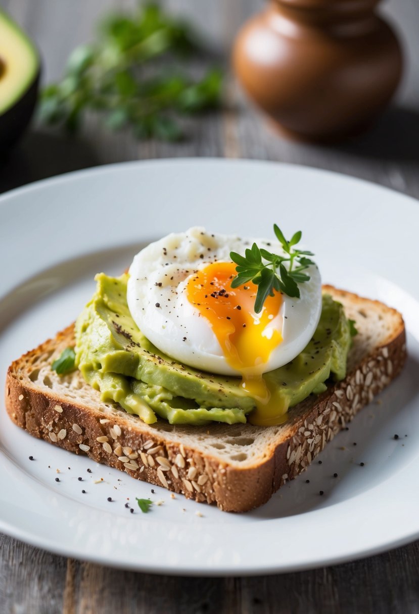 A slice of whole grain toast topped with mashed avocado and a poached egg, garnished with a sprinkle of black pepper and fresh herbs