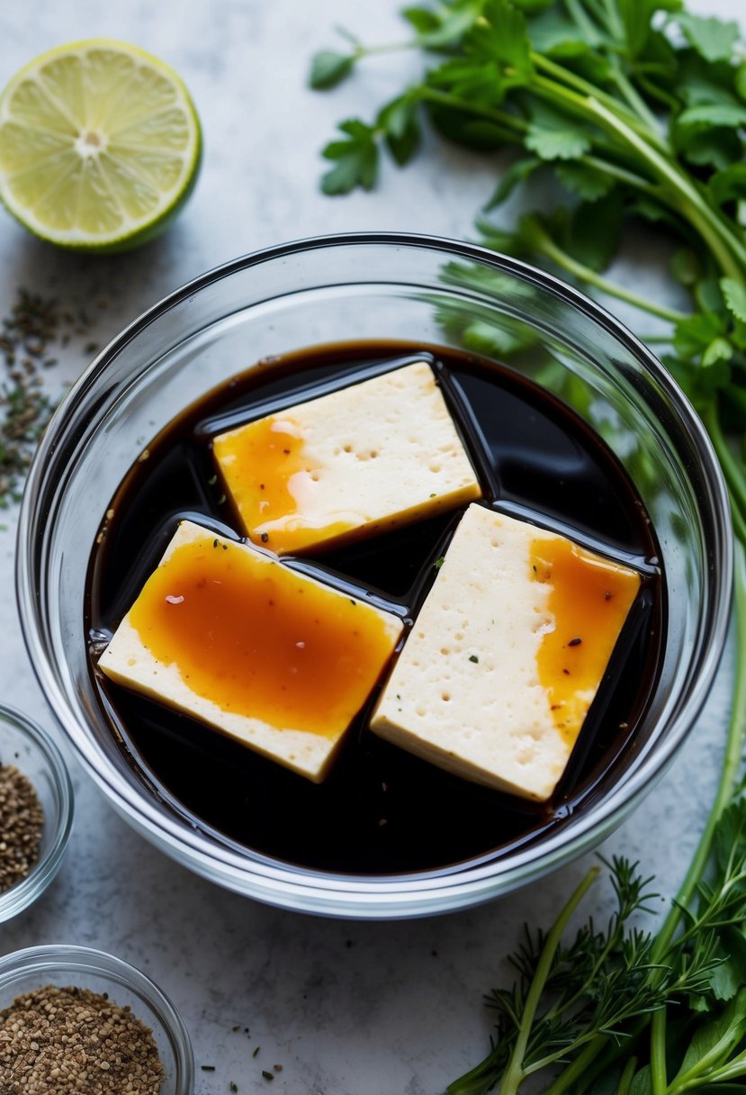 A glass bowl filled with tofu soaking in a balsamic vinegar reduction, surrounded by fresh herbs and spices