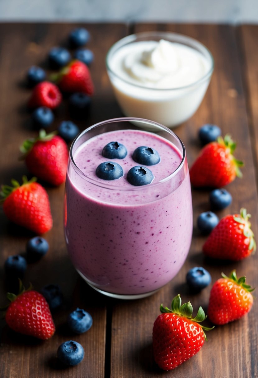 A glass of berry and yogurt smoothie surrounded by fresh berries and a dollop of yogurt on top