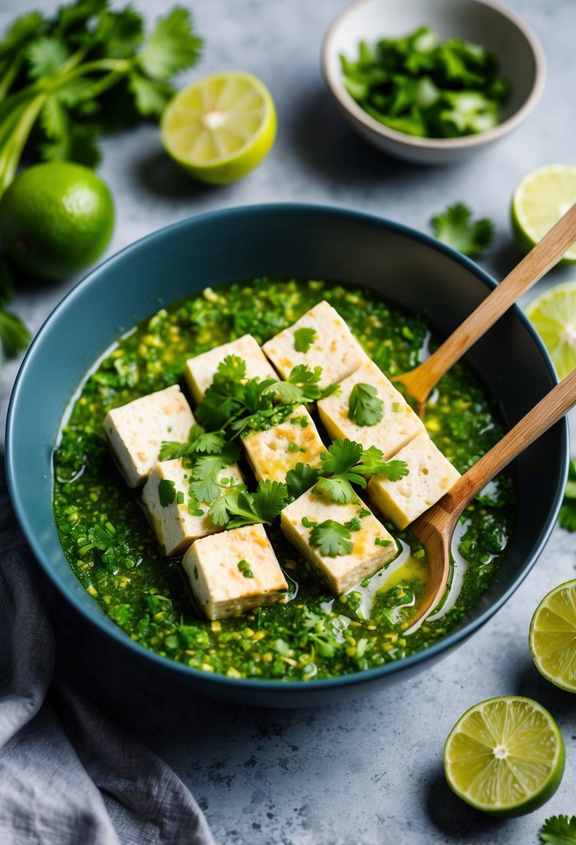 A bowl of tofu sits marinating in a vibrant green cilantro lime rub, surrounded by fresh ingredients like limes and cilantro