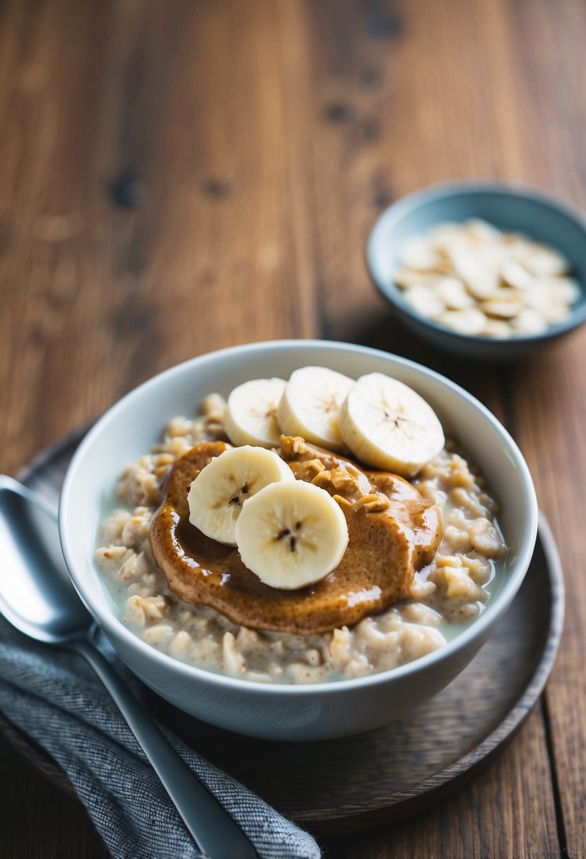 A bowl of oatmeal topped with almond butter and sliced bananas on a wooden table with a spoon beside it