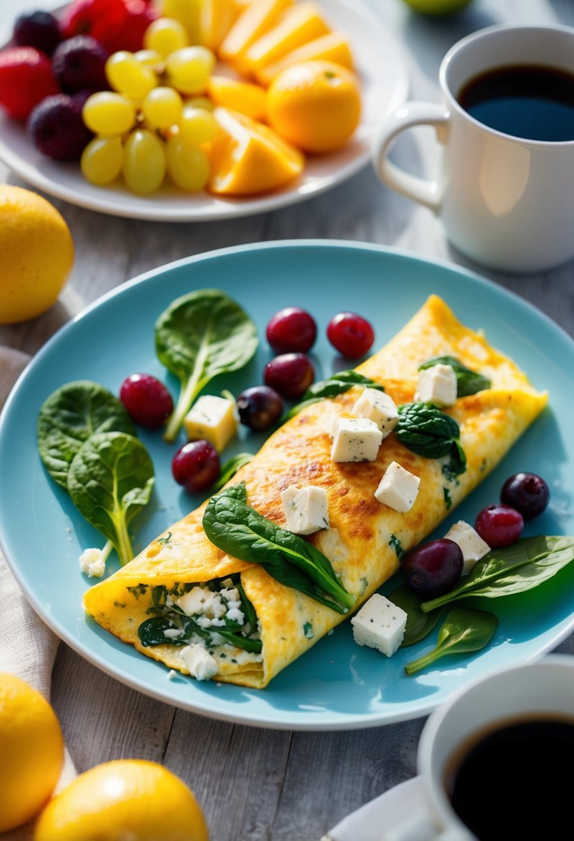 A sizzling omelette filled with fresh spinach and creamy feta, surrounded by colorful fruits and a steaming mug of coffee on a sunny breakfast table