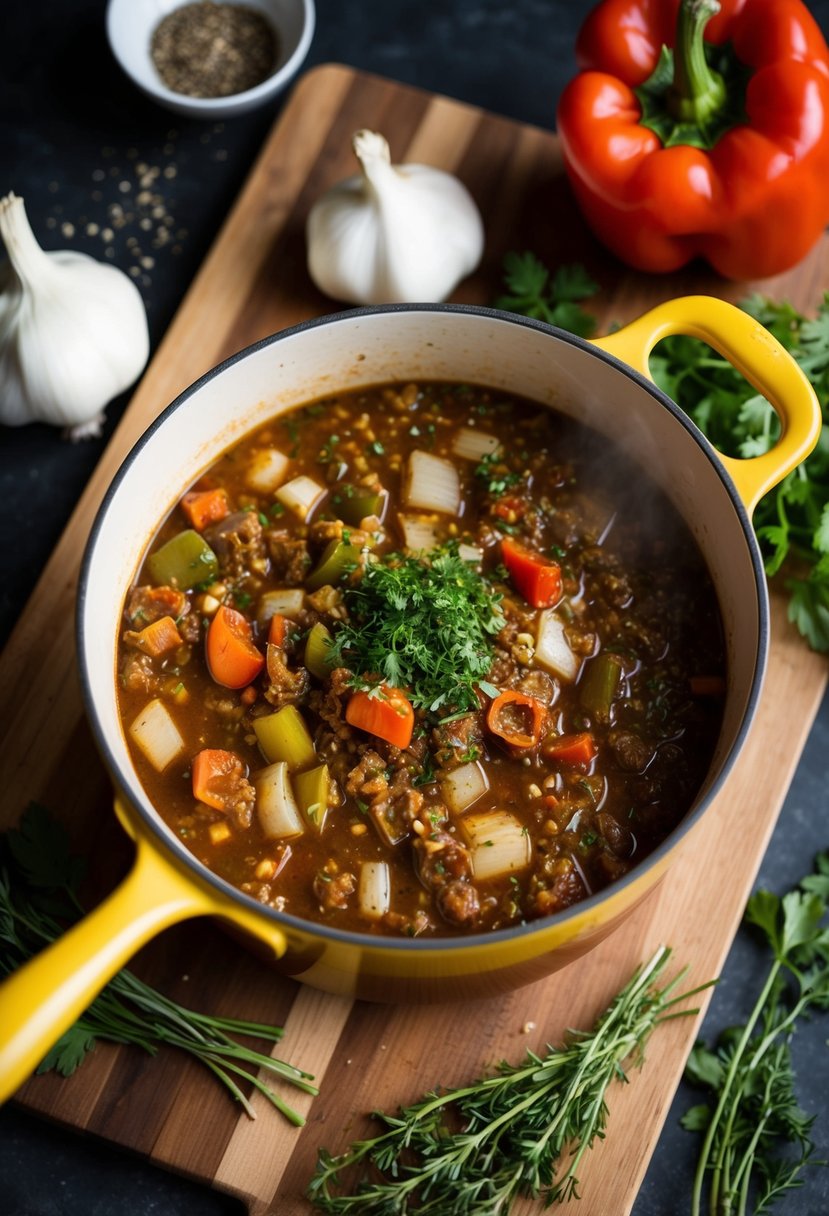 A pot of simmering sofrito with onions, peppers, and garlic, surrounded by fresh herbs and spices on a wooden cutting board