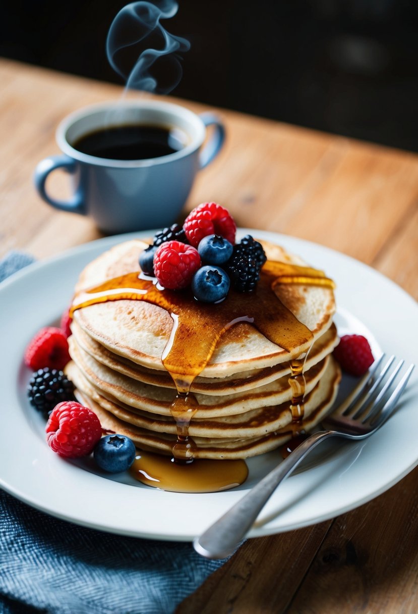 A plate of whole grain pancakes topped with fresh berries, served with a side of maple syrup and a steaming cup of coffee