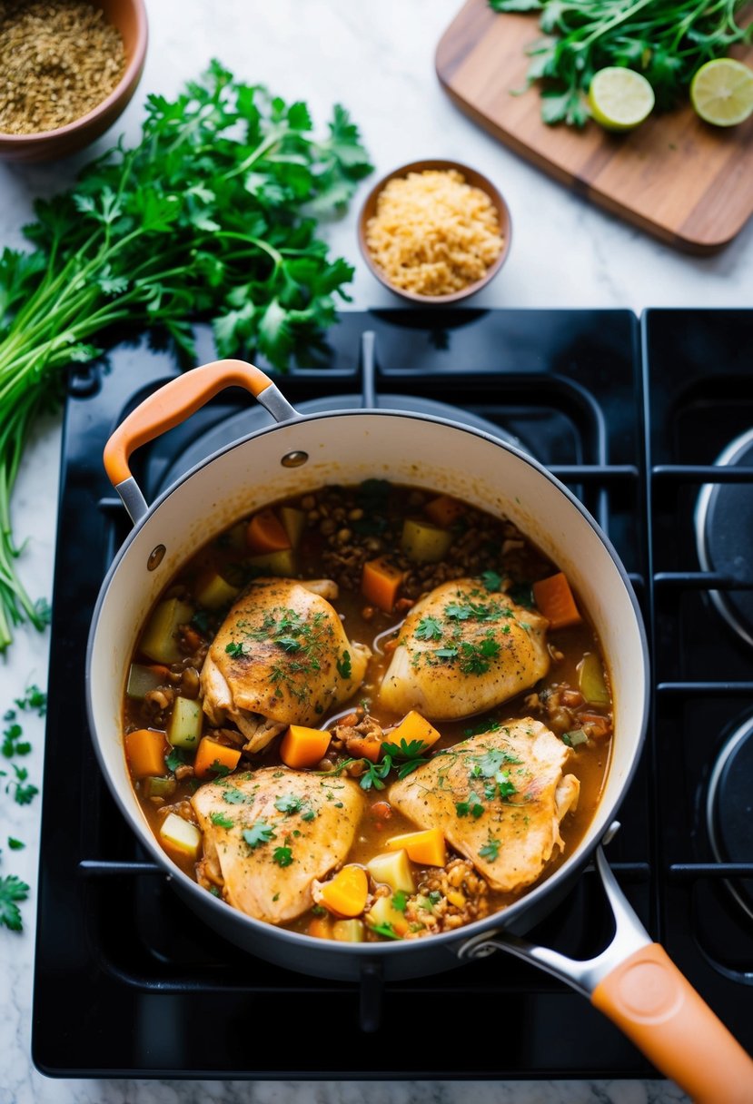 A pot simmering on a stove with chicken, vegetables, and sofrito sauce, surrounded by fresh herbs and spices