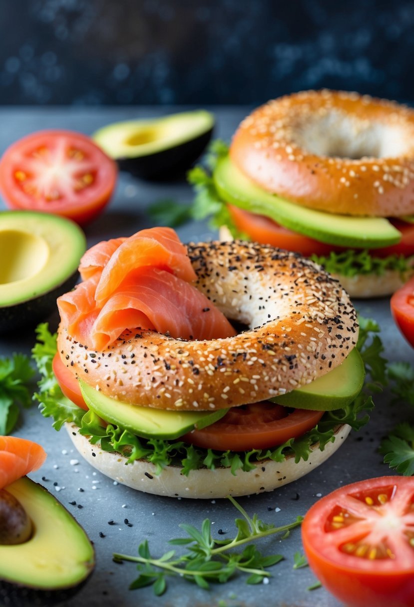 A colorful bagel topped with smoked salmon and avocado slices, surrounded by fresh ingredients like tomatoes, lettuce, and herbs